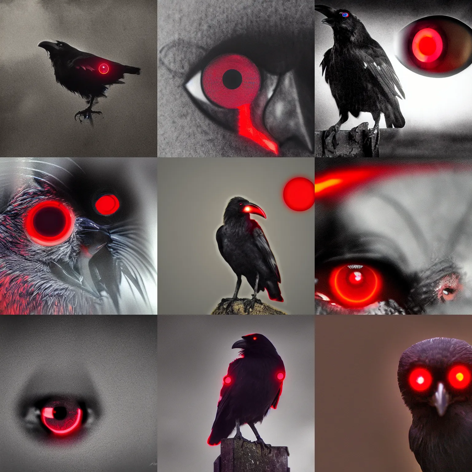 Image similar to ominous dark perched crow with glowing red lens eye (detailed realistic photograph) (gritty atmosphere)