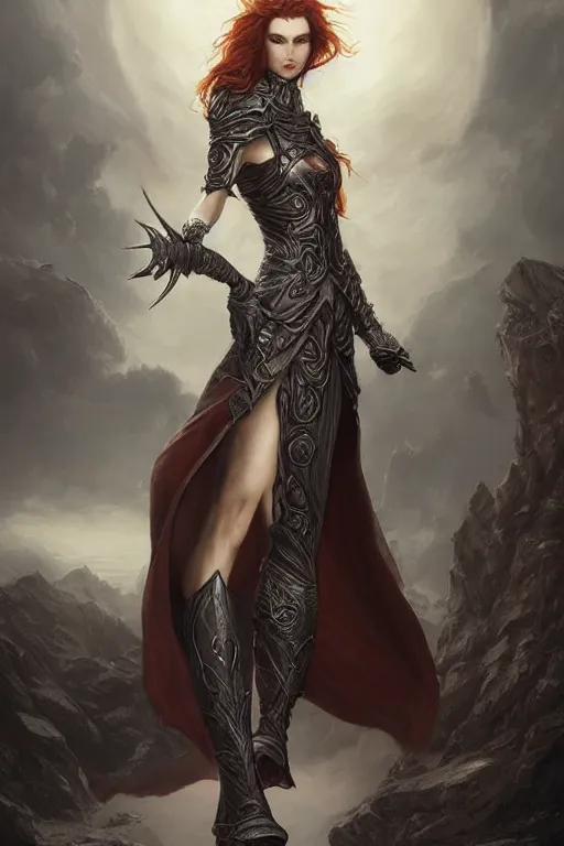 Prompt: ultra realist soft painting of a single gothic armored mage in a full long curvy slim dress in Elden Ring, thin long auburn hair, symmetry accurate features, very intricate details, volumetric lighting, by Tom Bagshaw Boris Vallejo