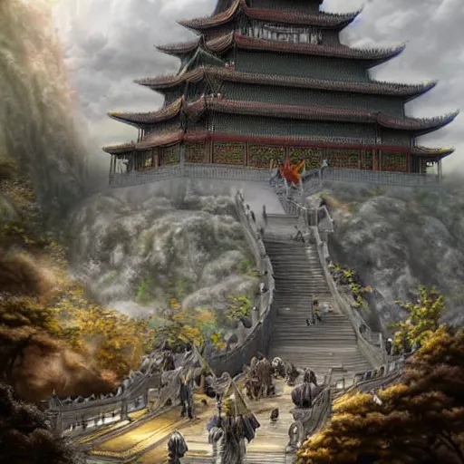 Image similar to dynamic composition, motion, ultra-detailed, incredibly detailed, a lot of details, amazing fine details and brush strokes, colorful and grayish palette, smooth, HD semirealistic anime CG concept art digital painting, watercolor oil painting of epic castle gate, from Three Kingdoms, by a Chinese artist at ArtStation, by Huang Guangjian, Fenghua Zhong, Ruan Jia, Xin Jin and Wei Chang. Realistic artwork of a Chinese videogame, gradients, gentle an harmonic grayish colors.