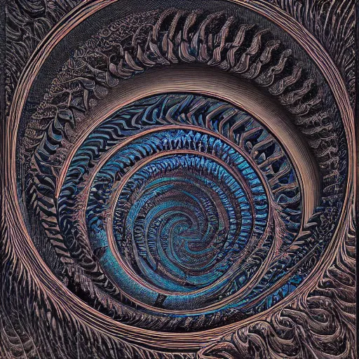 Prompt: the serpent of time coils around the uncertainty of being by gustav dore and wayne barlowe, a highly detailed painting, symbolic occult art, circular fractal