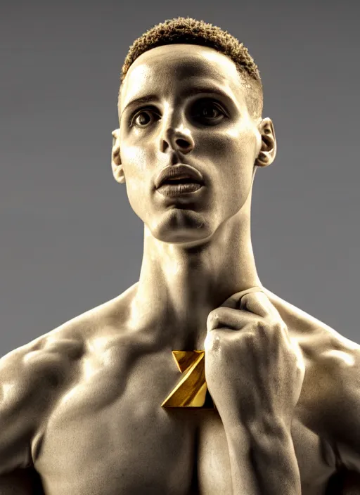 Image similar to a statue made of white marble with gold veins, of steph curry with water, transhumanism, full body shot, perfect symmetrical body, perfect symmetrical face, hyper realistic, hyper detailed, by johannen voss, by peter kemp, by monia merlo, by michelangelo, octane render, blender, 8 k