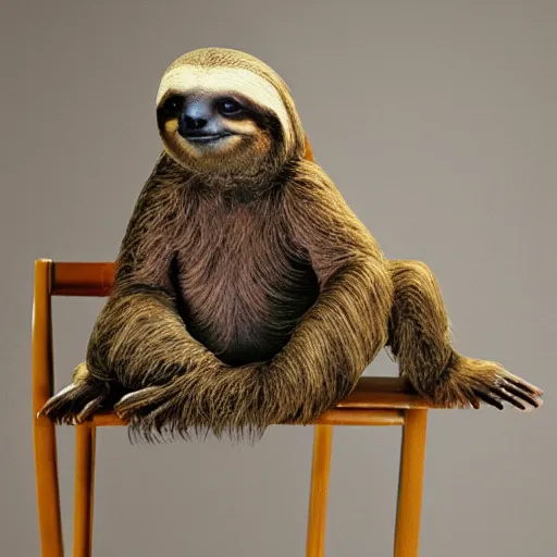 Image similar to a beautiful studio portrait of a sloth sitting in a chair