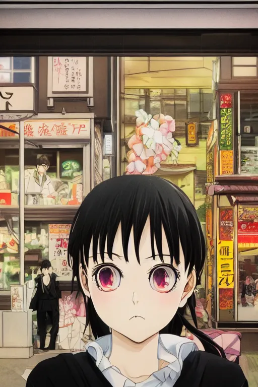 Prompt: Kodak portra 160, 8K, highly detailed, seinen manga portrait, eye contact, focus on smile, tilt shift background: famous artist in syd mead anime remake, flower shop scene