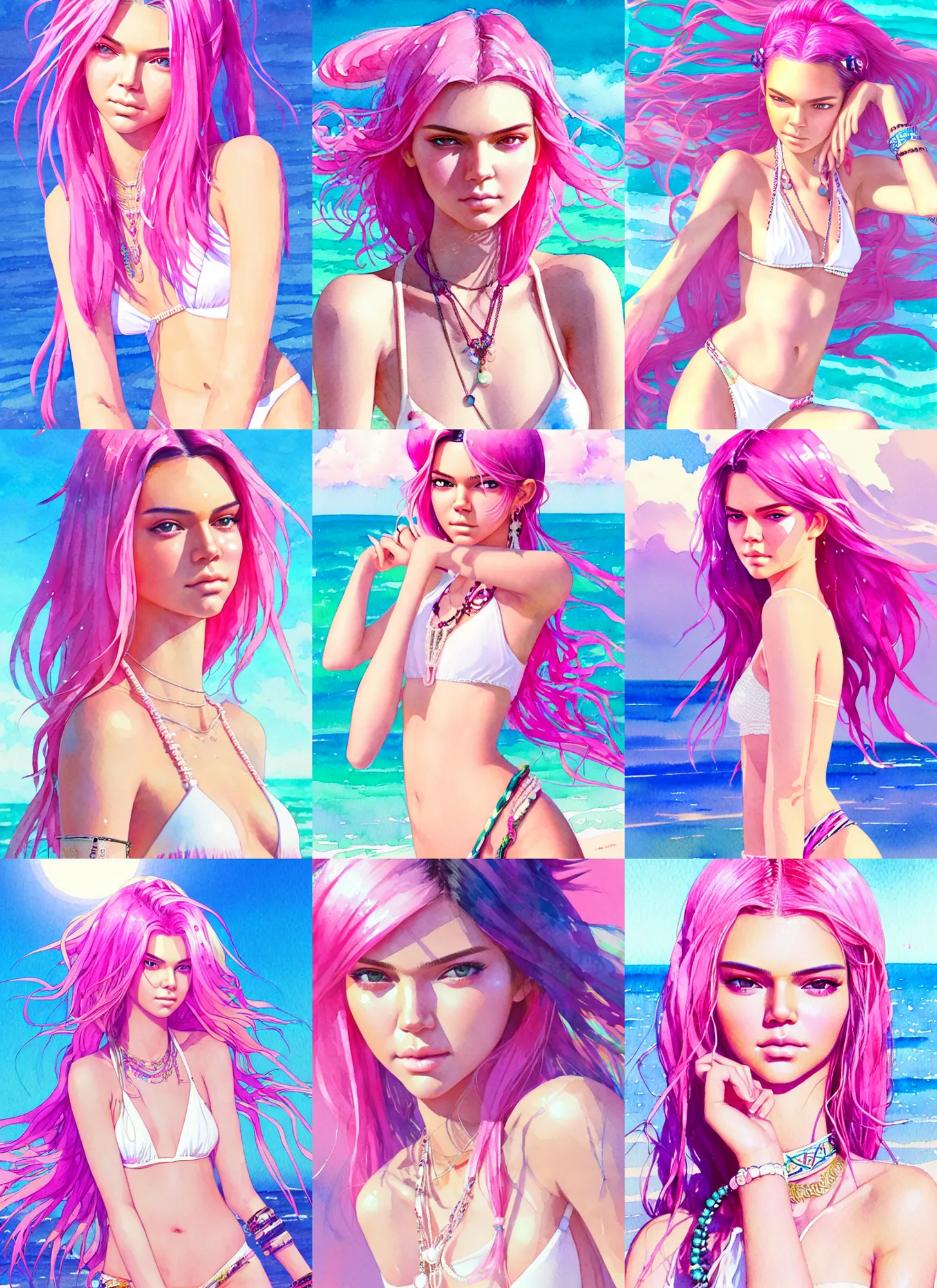 Prompt: portrait of a beautiful girl with pink hair with boho accessories, in white reflective bikini at beach, symmetry face, top lighting, cute - fine - face, ( watercolor ), kendall jenner, art by hidari and krenz and wenjun lin and starember and kuvshinov ilya and kidmo and rossdraws and artgerm