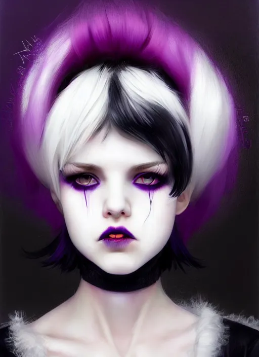 Image similar to portrait of white teenage girl, normal face, white bangs, mall goth, cyberlox, black and white hair, bangs, fluffy bangs, red contact lenses, purple lipstick, intricate, elegant, highly detailed, digital painting, artstation, concept art, sharp focus, smooth, illustration, art by wlop, mars ravelo and greg rutkowski