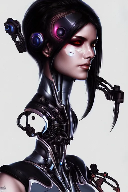 Prompt: portrait of a cyberpunk woman with biomechanichal parts by Artgerm, cyberpunk city, hyper detailled, trending on artstation