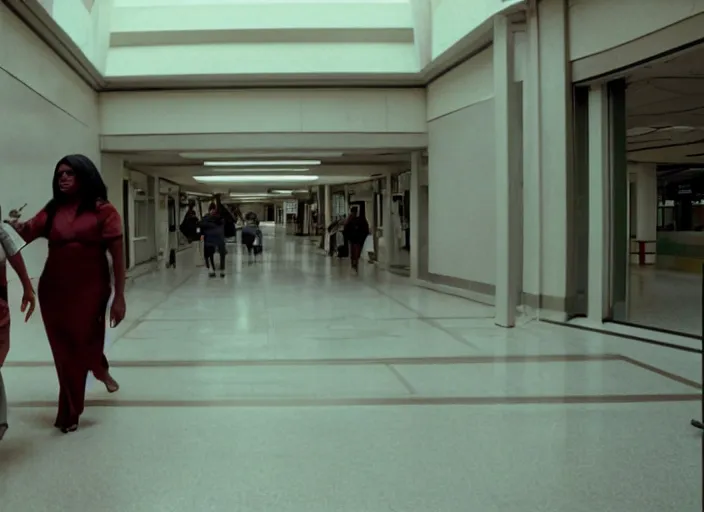 Image similar to cinematic shot of octavia spencer being chased down an escalator by walter white in a strange defunct abandoned mall, iconic scene from the paranoid thriller sci fi film directed by stanley kubrick, 2 4 mm anamorphic lens, backlit, moody strange cinematography, beautiful composition, color theory, leading lines, photorealistic, highly detailed scene moody lighting