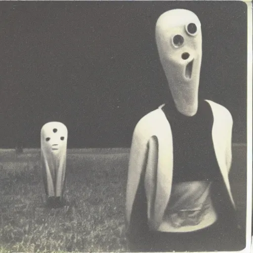 Image similar to polaroid photograph of horrorific extraterrestrial beings visiting earth, 1 9 5 0