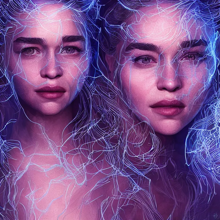 Image similar to emilia clarke covered in glowing lines, concept art, fantasy, extremely high detail, photorealism, octane render, 8 k