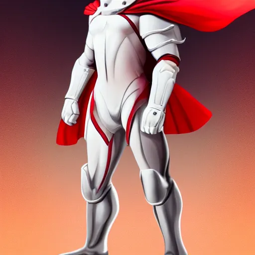 Prompt: portrait of a tall muscular infantry man in glossy sleek white armor with tiny red details and a long red cape, heroic posture, deermined expression, on the surface of mars, night time, dramatic lighting, cinematic, sci-fi, hyperrealistic, movie still