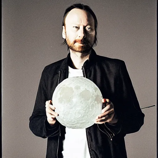 Image similar to Radiohead singer, holding the moon upon a stick, with a beard and a black jacket, a portrait by John E. Berninger, dribble, neo-expressionism, uhd image, studio portrait, 1990s