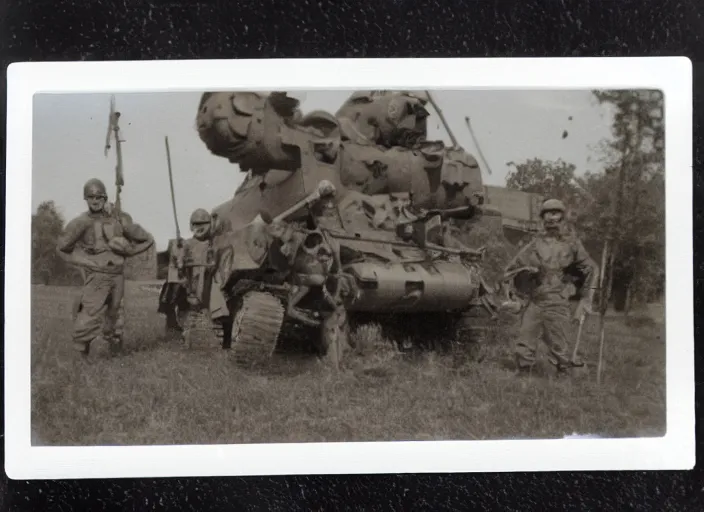 Image similar to found polaroid picture of a world war two 2 legs mech war machine and us soldiers