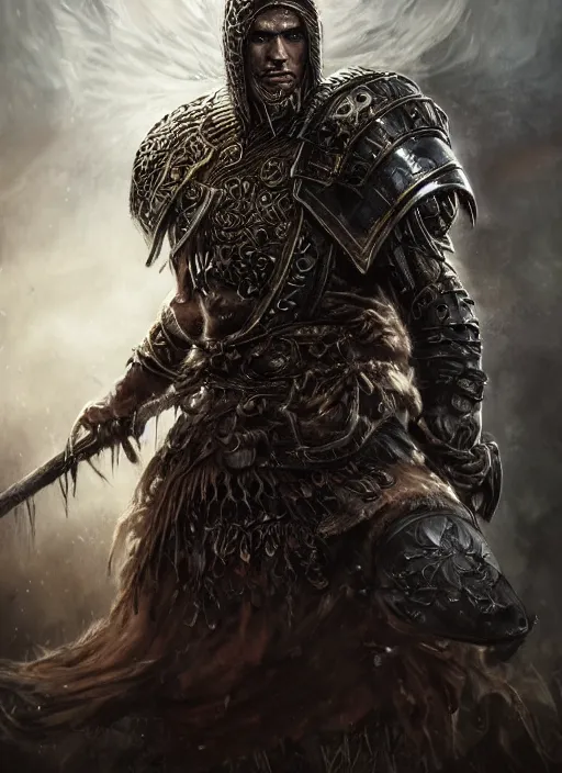Prompt: elden ring, rugged male slavic berserker character portrait partially clothed in exquisitely detailed hooded metal clad battle armor, atmospheric lighting, intricate, volumetric lighting, beautiful, vibrant tribal colors, masterpiece, sharp focus, ultra detailed by artgerm, ross tran, thierry doizon, kai carpenter, ignacio fernandez rios