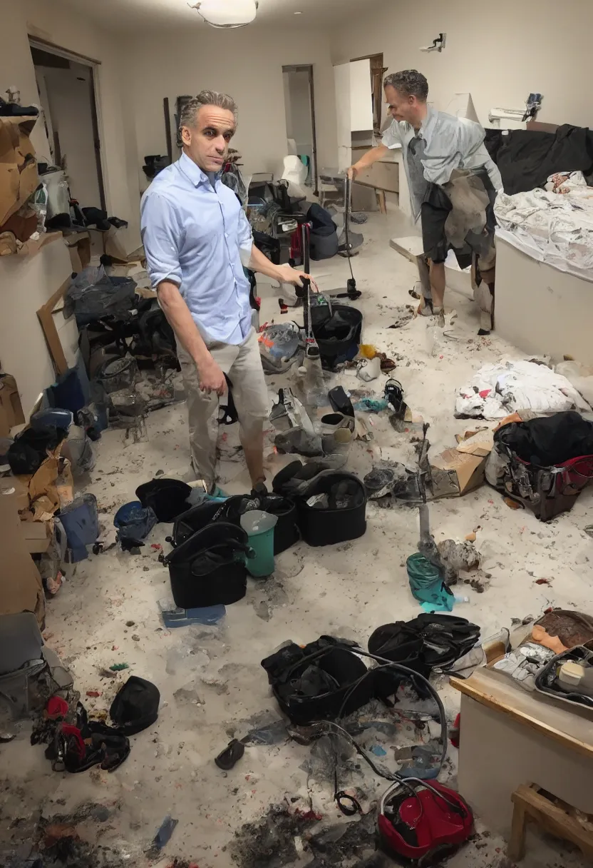 Prompt: jordan peterson is cleaning his filthy room