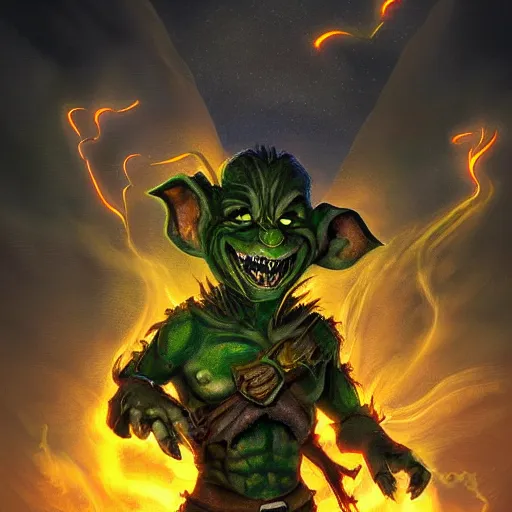 Image similar to a highly detailed goblin with dark skin and yellow eyes that glow, Like magic the gathering, goblin chainwalker, with a volcano in the background, digital art, by Christopher rush