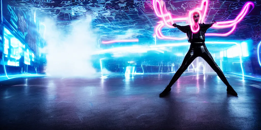 Image similar to break dancer wearing black latex with neon lights, long exposure shot, tron, cinematic view from lower angle, fog on the floor