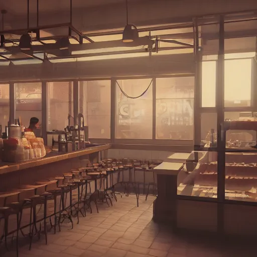 Prompt: Donuts at a cafe in the 1800s, muted cyberpunk style, tranquil, desolate, atmospheric, hazy, sweltering, autochrome, 8k, reflections, octane render, unreal engine 5