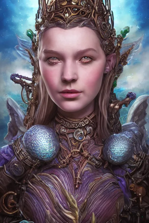 Image similar to A fantasy comic book style portrait painting of Ella Fanning as an Atlantean Reptilian Warrior, Mystical Valkyrie, unreal 5, DAZ, hyperrealistic, octane render, Regal, Refined, Detailed Digital Art, RPG portrait, Michael Cheval, Walt Disney (1937), François Boucher, Oil Painting, Steampunk, Josephine wall, dynamic lighting, Highly Detailed, Cinematic Lighting, Unreal Engine, 8k, HD