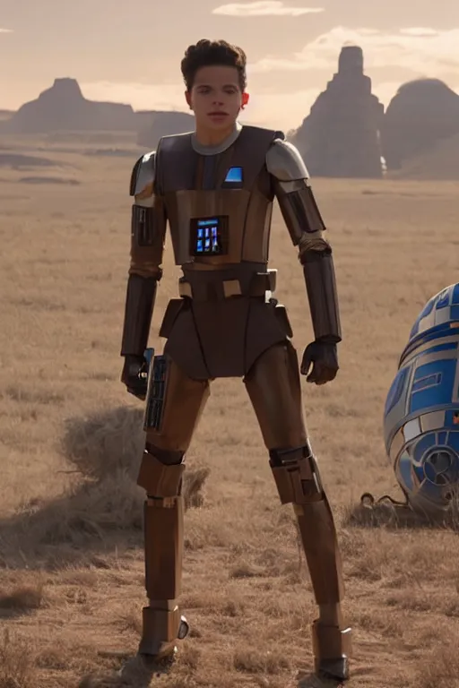 Image similar to jake t. austin as a droid in star wars the rise of skywalker, 3 5 mm photography, highly detailed, cinematic lighting, standing pose, holding lightsaber 4 k