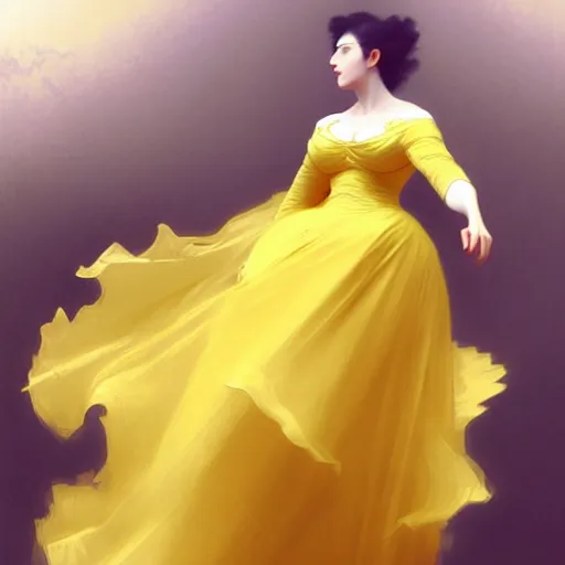 Prompt: a voluminous woman in a yellow organza dress dancing, intricate, elegant, digital painting, concept art, smooth, sharp focus, illustration, from metal gear, by ruan jia and mandy jurgens and william - adolphe bouguereau, artgerm