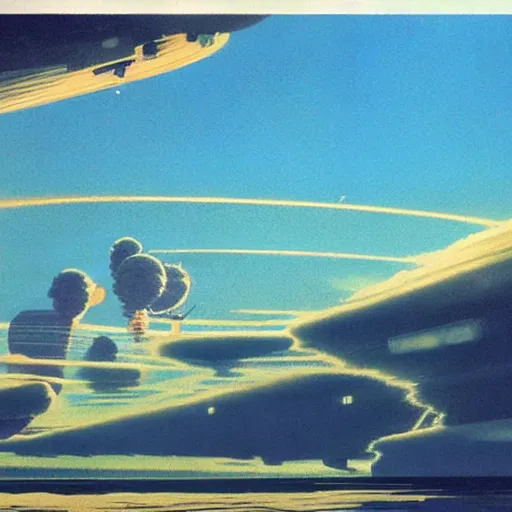 Image similar to Water world planet in the clouds, cinematic angle, cinematic lighting, blue sky, sun in the sky, by Syd Mead, John Harris, Federico Pelat