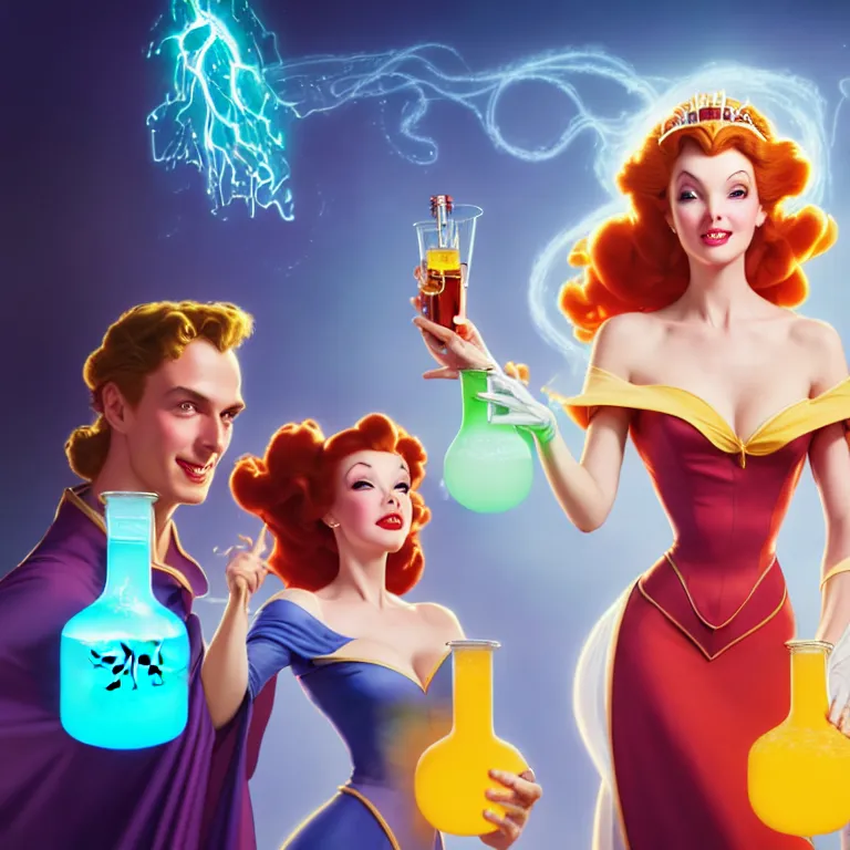 Image similar to key visual of an attractive sorceress holding two flasks full of glowing liquid, mad scientist's lab background, by gil elvgren and stanley lau, disney princess style, epic, 4 k, hdr, cinematic