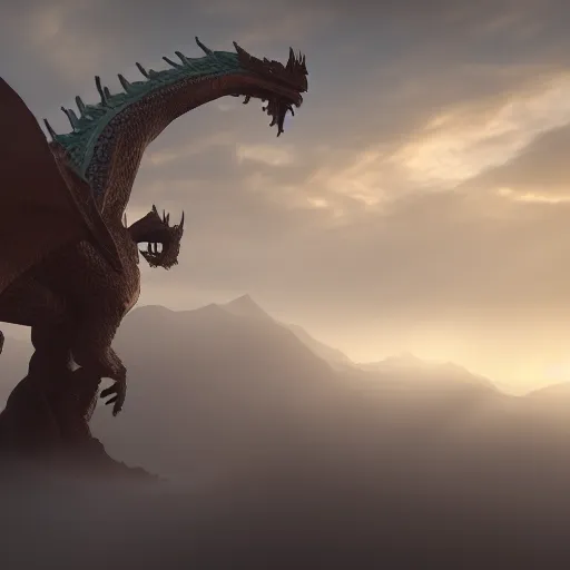 Image similar to giant majestic epic dragon on a mountain between the clouds, epic, volumetric light, volumetric fog, extreme details, 8 k, realistic