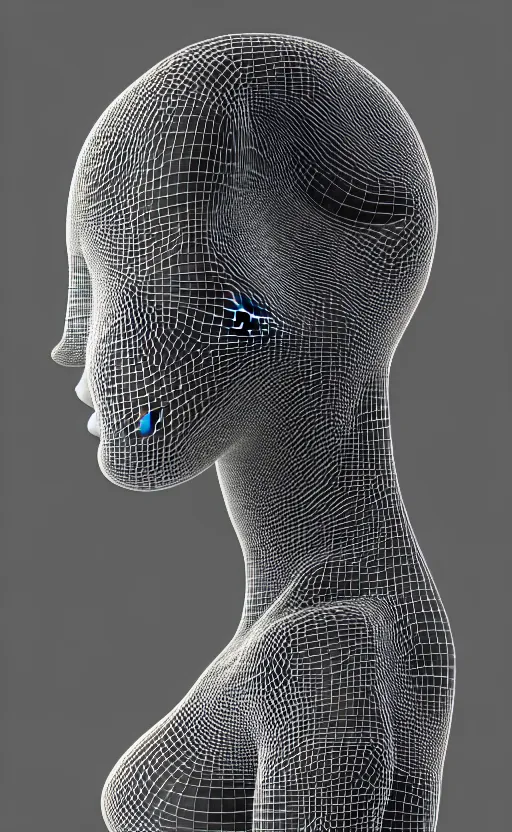 Prompt: black and white complex 3d render of a beautiful profile woman face, vegetal dragon cyborg, 150 mm, beautiful natural soft light, silver details, magnolia stems, roots, fine lace, maze like, mandelbot fractal, anatomical, facial muscles, cable wires, microchip, elegant, highly detailed, silver metalic armour, rim light, octane render, H.R. Giger style