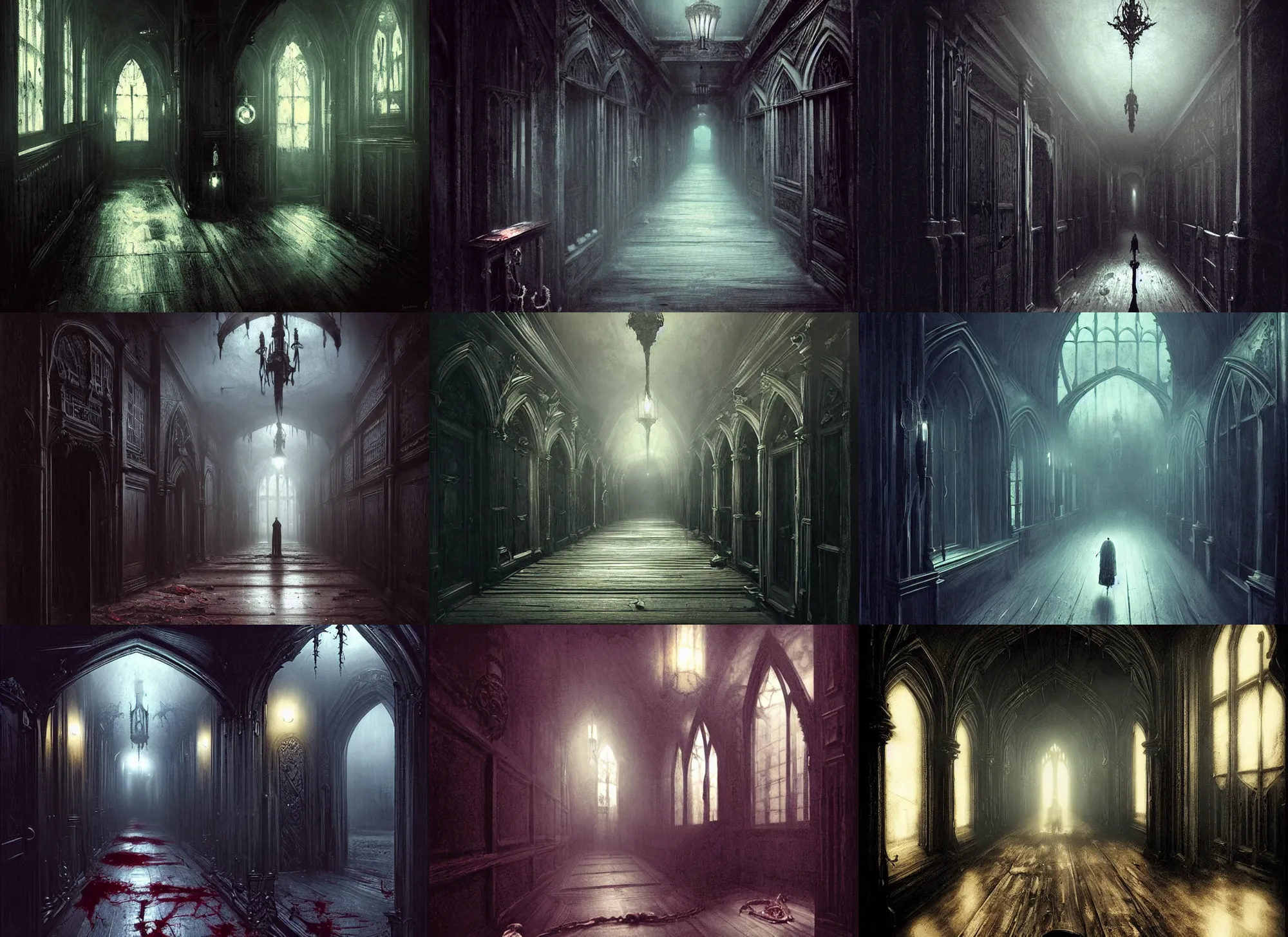 Prompt: gothic mansion long corridor with darkness at end, wooden floor, blood, darkness, evil, creepy, science, 1 9 century, hard atmosphere, lovercraft, insmouth, tentacles, artwork, paint, blue tones, detailed, by bastien lecouffe deharme, by jeremy mann, by alexander fedosav