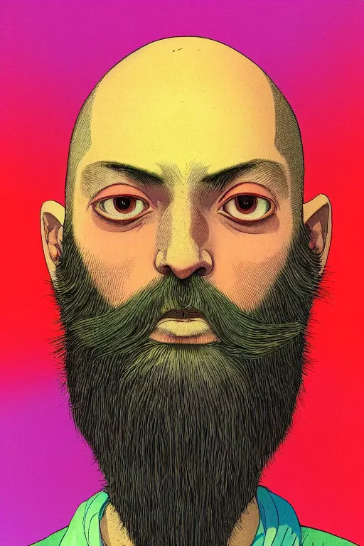 Image similar to a colorful closeup portrait of a young bald man with a wild beard dreaming psychedelic hallucinations in the vast icy landscape of antarctica, by kawase hasui, moebius and edward hopper, colorful flat surreal design, hd, 8 k, artstation