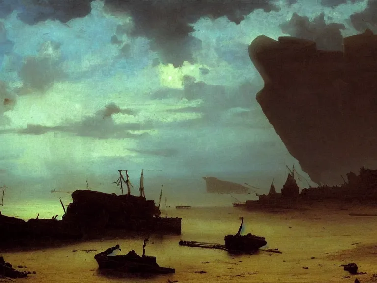 Image similar to an oil painting of a coastline at dawn, with an old shipwreck on a serene beach, beautiful sky by beksinski carl spitzweg and tuomas korpi. baroque elements, full-length view. baroque element. intricate artwork by caravaggio. Trending on artstation. 8k