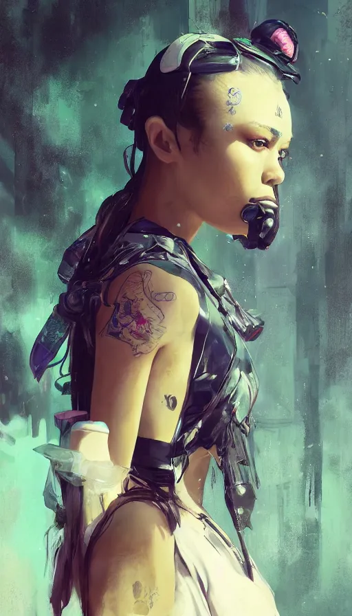 Image similar to altered carbon, madison beer, detailed portrait young gangster lolita, amazing beauty, visor, neon tattoo, styled hair, decorated traditional japanese ornaments by carl spitzweg, ismail inceoglu, vdragan bibin, hans thoma, greg rutkowski, alexandros pyromallis, perfect face, fine details, realistic shaded