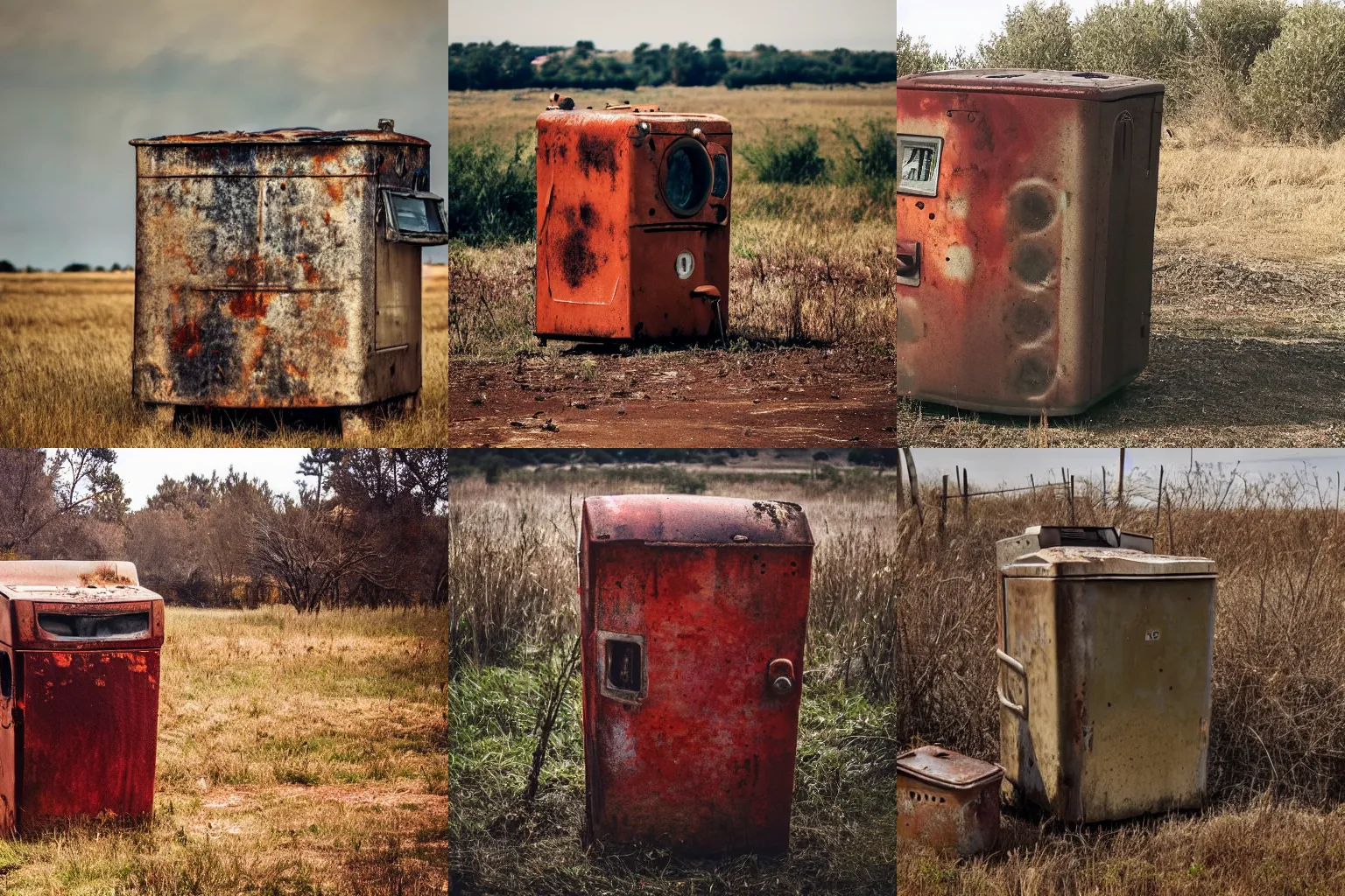 Prompt: a photo of a rusted washing machine that is on fire standing in a dried out field