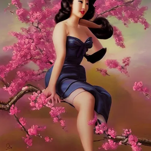 Image similar to pin - up fullbody portrait of a beautiful young asian woman, pretty long hair, intense flirting, showing curves, symmetrical face, digital art, smooth, extremely detailed, model pose, intense look, dream, cherry blossoms, gorgeous young model, traditional beauty, perfect proportions, pretty, by wu bayard, by gil elvgren, by ralph horsley,