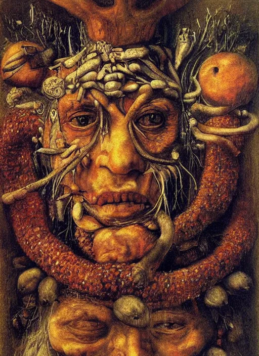 Image similar to a surreal painting of a shaman's face, by Giuseppe Arcimboldo, Dante's inferno, symbolist, soft colors, dramatic lighting, smooth, sharp focus, extremely detailed, aesthetically pleasing composition