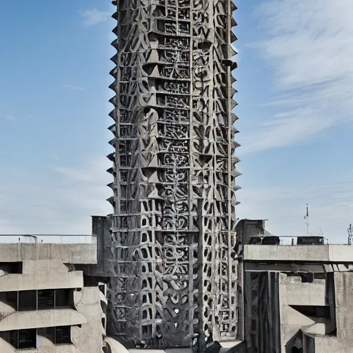 Prompt: a giant brutalist wizard tower built in brutalist architecture, diverse unique building geometry full of shapes and corners, with a narrower base than the top of the tower