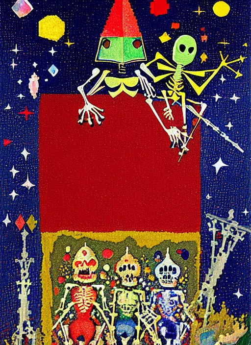 Image similar to pixel decollage painting tarot lovers card composition tower of babel road red armor maggot bear and wonky alien frog skeleton knight on a horse in a dark red cloudy night sky with golden foil jewish stars and diamonds, mountain lake and blossoming field in background, painted by Mark Rothko, Helen Frankenthaler, Danny Fox and Hilma af Klint, pixelated, neo expressionism, semi naive, pastel colors, cinematic, color field painting, cave painting, voxel, pop art look, outsider art, minimalistic. Bill Traylor painting, part by Philip Guston, Amano and Francis Bacon. art by Adrian Ghenie and Storm Thorgerson, very coherent symmetrical artwork, cinematic, hyper realism, high detail, octane render, unreal engine, Smooth gradients, depth of field, full body character drawing, extremely detailed, 8k, extreme detail, intricate detail, masterpiece