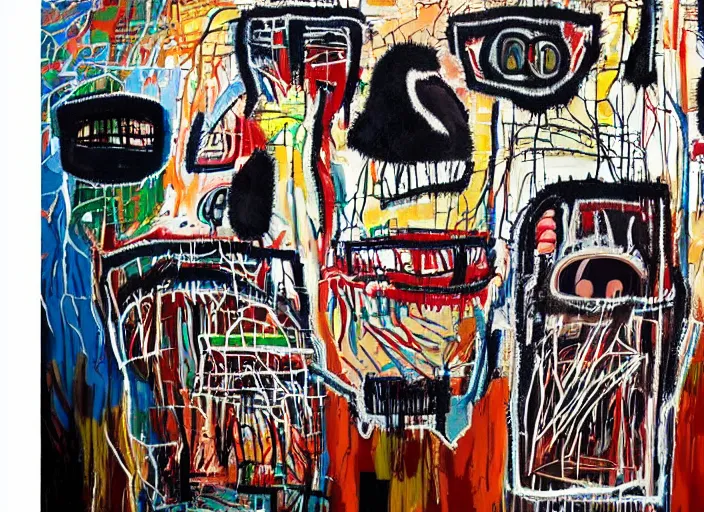 Image similar to jean-michel basquiat, david choe and alex gray painting, intricately highly detailed art piece