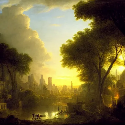 Image similar to vista of a city at sunset, the city is a sprawling renaissance city that is built amidst hilly cyclopean tombs and overgrown by the rainforest, rpg, hubert robert, cityscape, vista, dying earth, gene wolfe