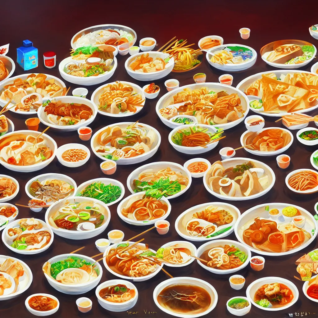 Image similar to a painting of a table full of korean foods, concept art by taro yamamoto, pixiv contest winner, auto - destructive art, official art, concept art, pixiv