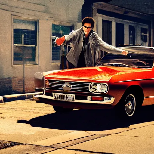 Image similar to elvis leaning on a vintage ford capri. film still. 4 k hd image, trending on artstation, featured on behance, well rendered, extra crisp, features intricate detail, epic composition and the style of quintin tarantino.