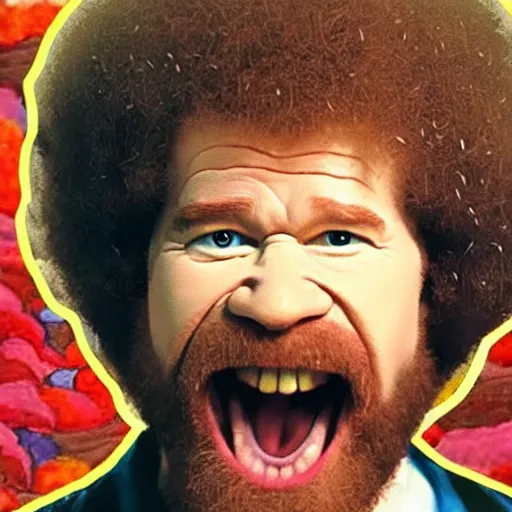 Image similar to bob ross screaming in mouth of bob ross screaming on a bad acid trip