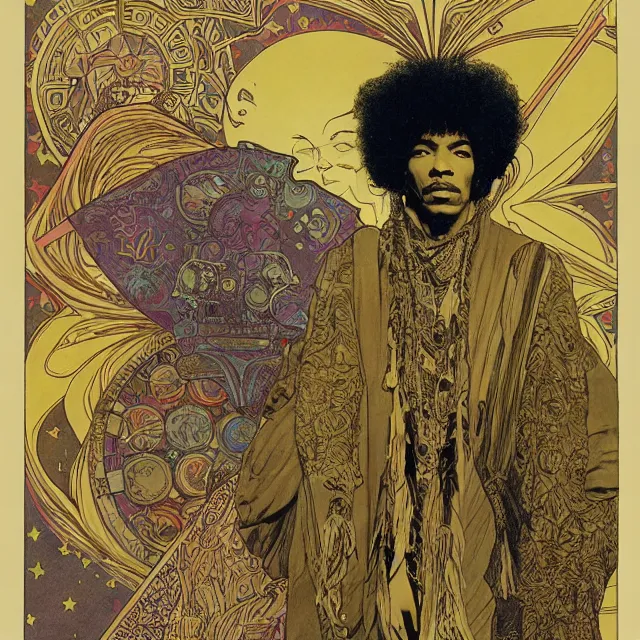 Image similar to artwork by Franklin Booth and Alphonse Mucha and Edmund Dulac showing a portrait of Jimi Hendrix as a futuristic space shaman, futuristic electric guitar, star map, smoke, platonic solids