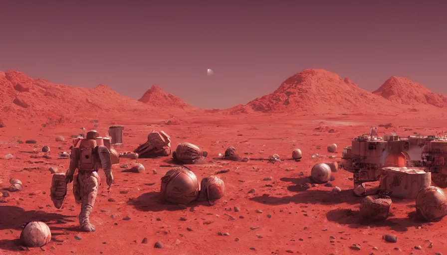 Image similar to craig mullins digital illustration of a moon base on a red desert planet, unreal engine, hyper realism, realistic shading, cinematic composition, realistic render, octane render, detailed textures, photorealistic, wide shot