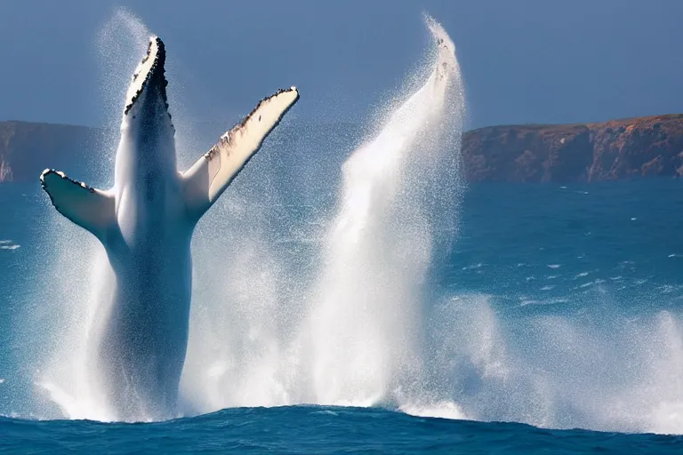 Image similar to underwater photography of a gigantic white whale jumping a wave at nazare