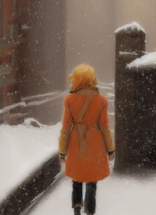 Prompt: back of emma stone in beige coat, orange hair, walking into new york apartment building in winter, opening door, building entrance, snow, zoomed out, artwork by gaston bussiere, craig mullins, trending on artstation