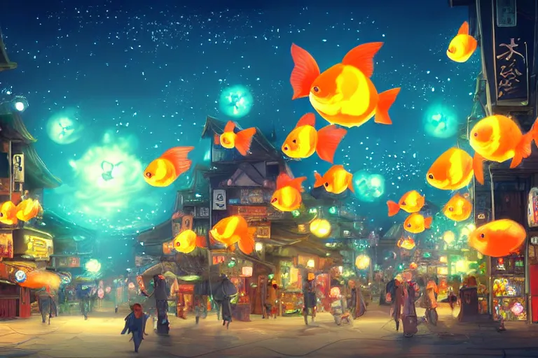 Image similar to fantasy art of glowing goldfish swimming in the air, in the streets of a japanese town at night, with people watching in wonder, in the style of studio ghibli and makoto shinkai, highly detailed digital art, trending on artstation