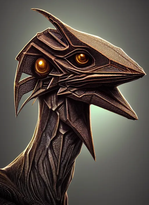 Prompt: anthropomorphic complex quadrilateral head in edgy darkiron archaeopteryx, intricate, elegant, highly detailed animal monster, digital painting, artstation, concept art, smooth, sharp focus, illustration, art by artgerm, dwayne barlowe, trending on artstation and greg rutkowski and alphonse mucha, 8 k