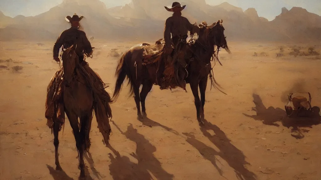 Image similar to oil painting of cowboy dream at mexican desert setting, art by anders zorn, wonderful masterpiece by greg rutkowski, beautiful cinematic light, american romanticism by greg manchess, reflections in copper, sunlight, dust and steam