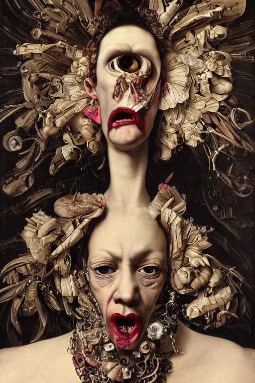 Prompt: Detailed maximalist portrait with large lips and with large white eyes, angry, exasperated expression, extra fleshy hands, HD mixed media, 3D collage, highly detailed and intricate, surreal illustration in the style of Caravaggio, dark art, baroque